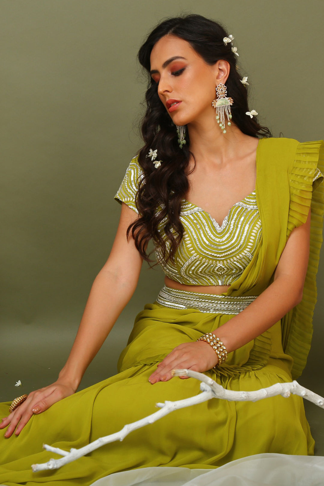 Lime Green Pre-stitched Saree With Embroidered Blouse And Belt