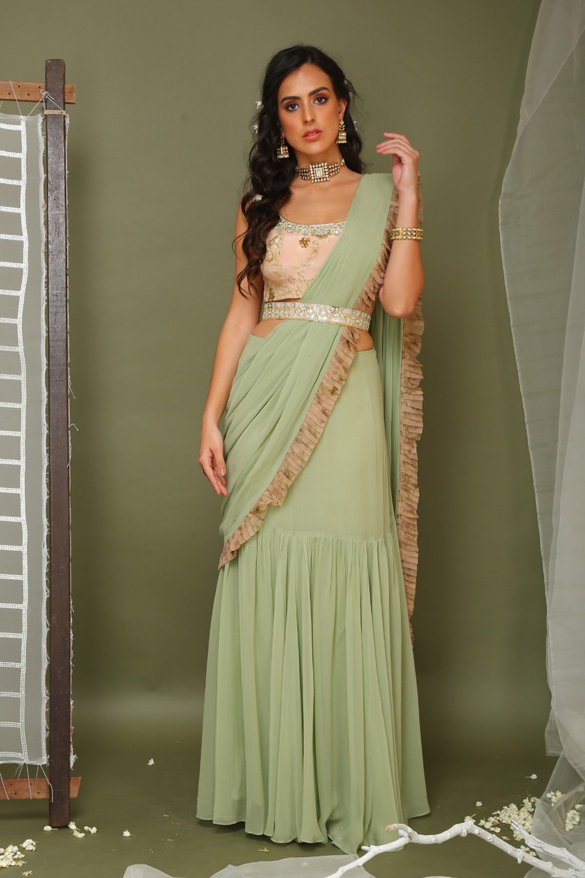 Sage Green Pre-stitched Saree With Blouse And Belt
