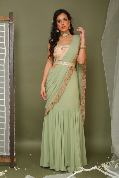 Sage Green Pre-stitched Saree With Blouse And Belt