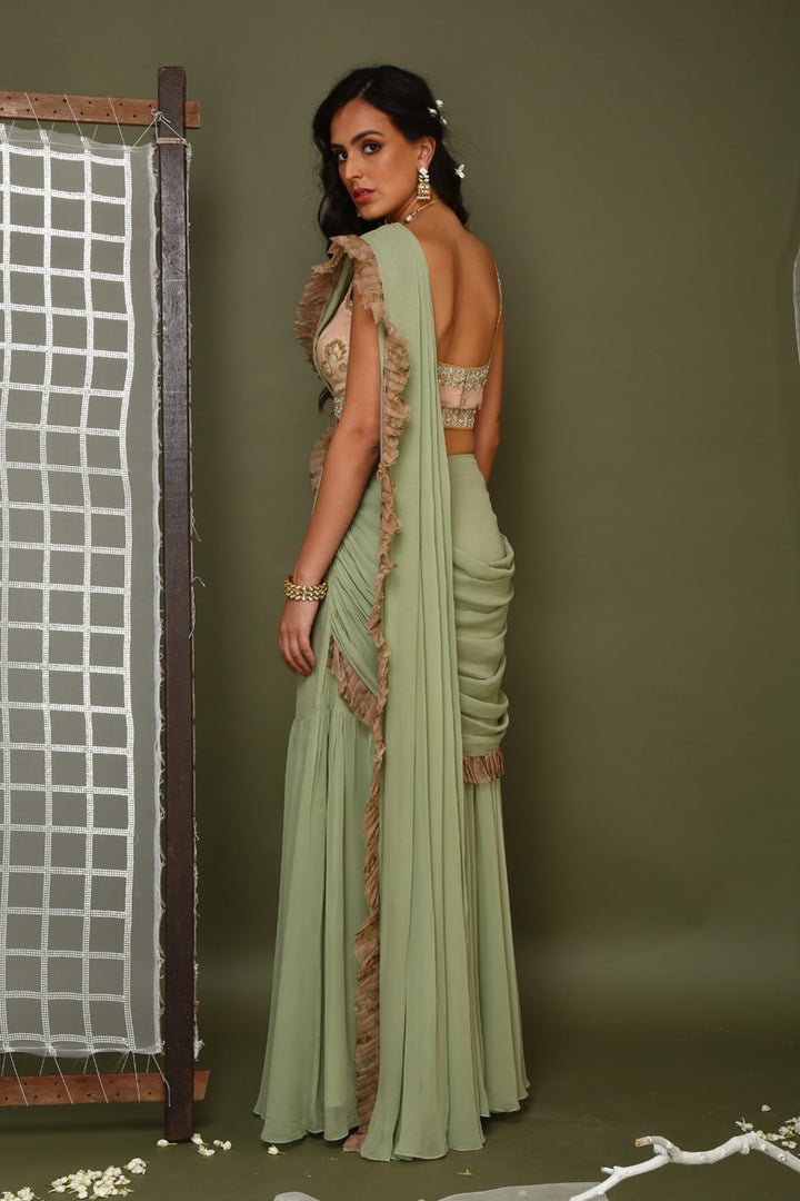 Sage Green Pre-stitched Saree With Blouse And Belt