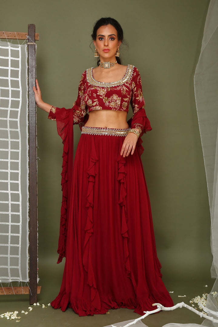 Maroon Printed Blouse And Lehenga Set