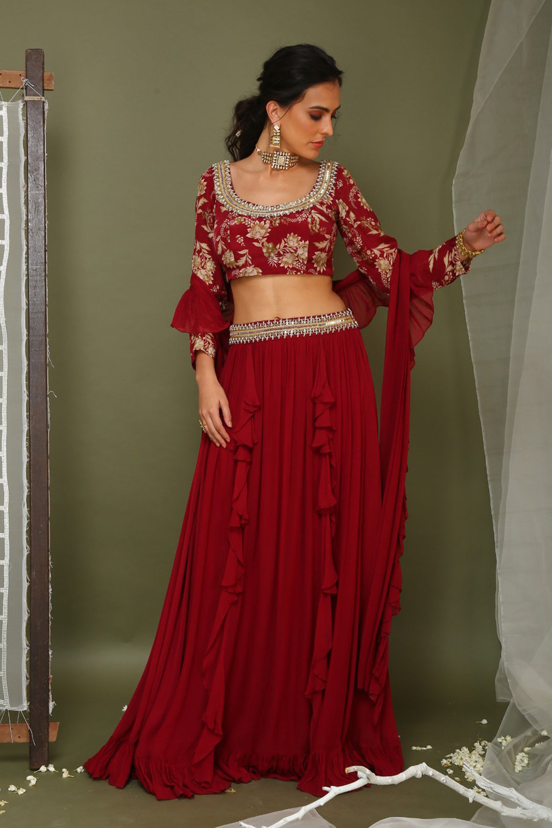 Maroon Printed Blouse And Lehenga Set