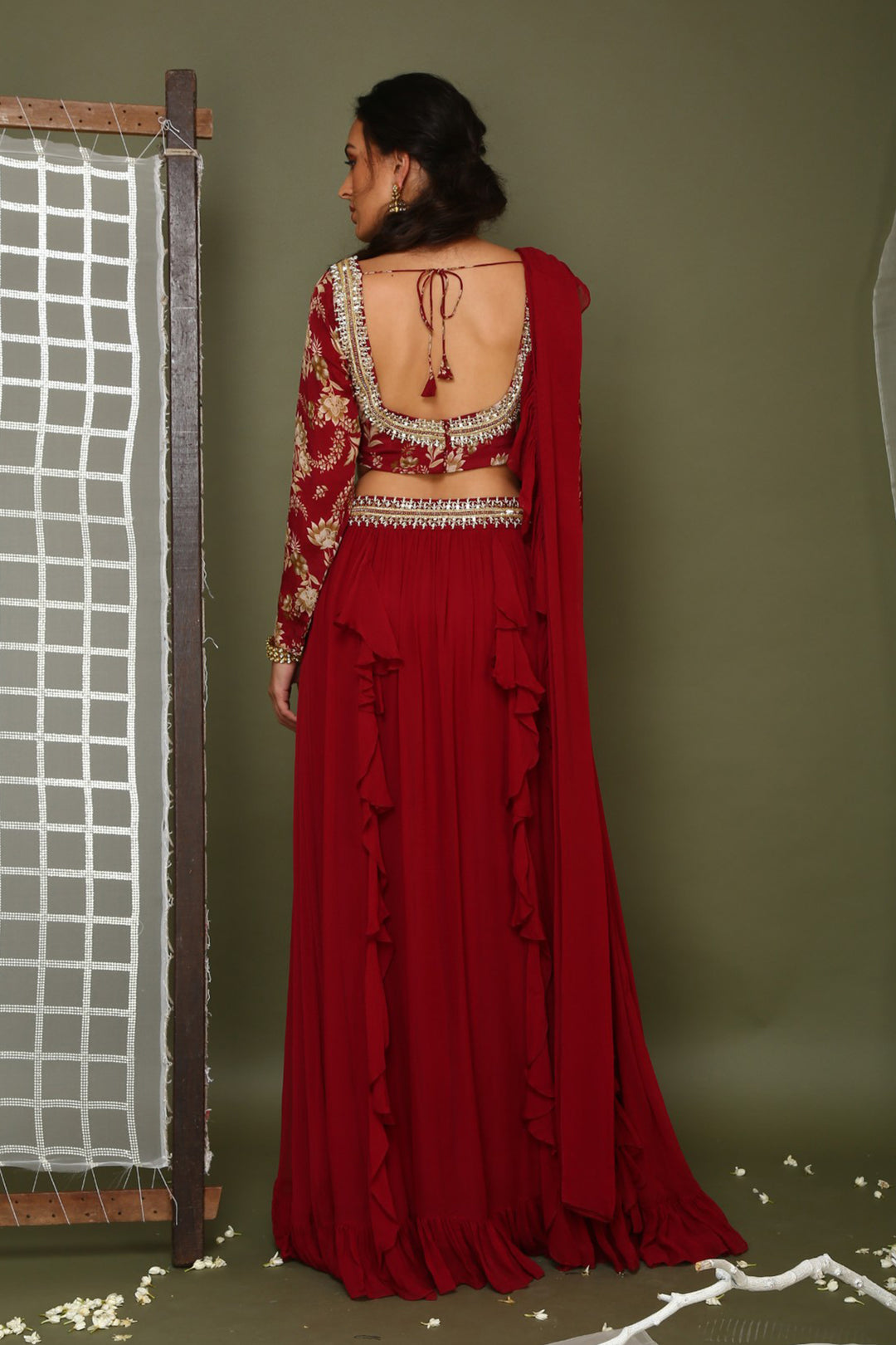 Maroon Printed Blouse And Lehenga Set