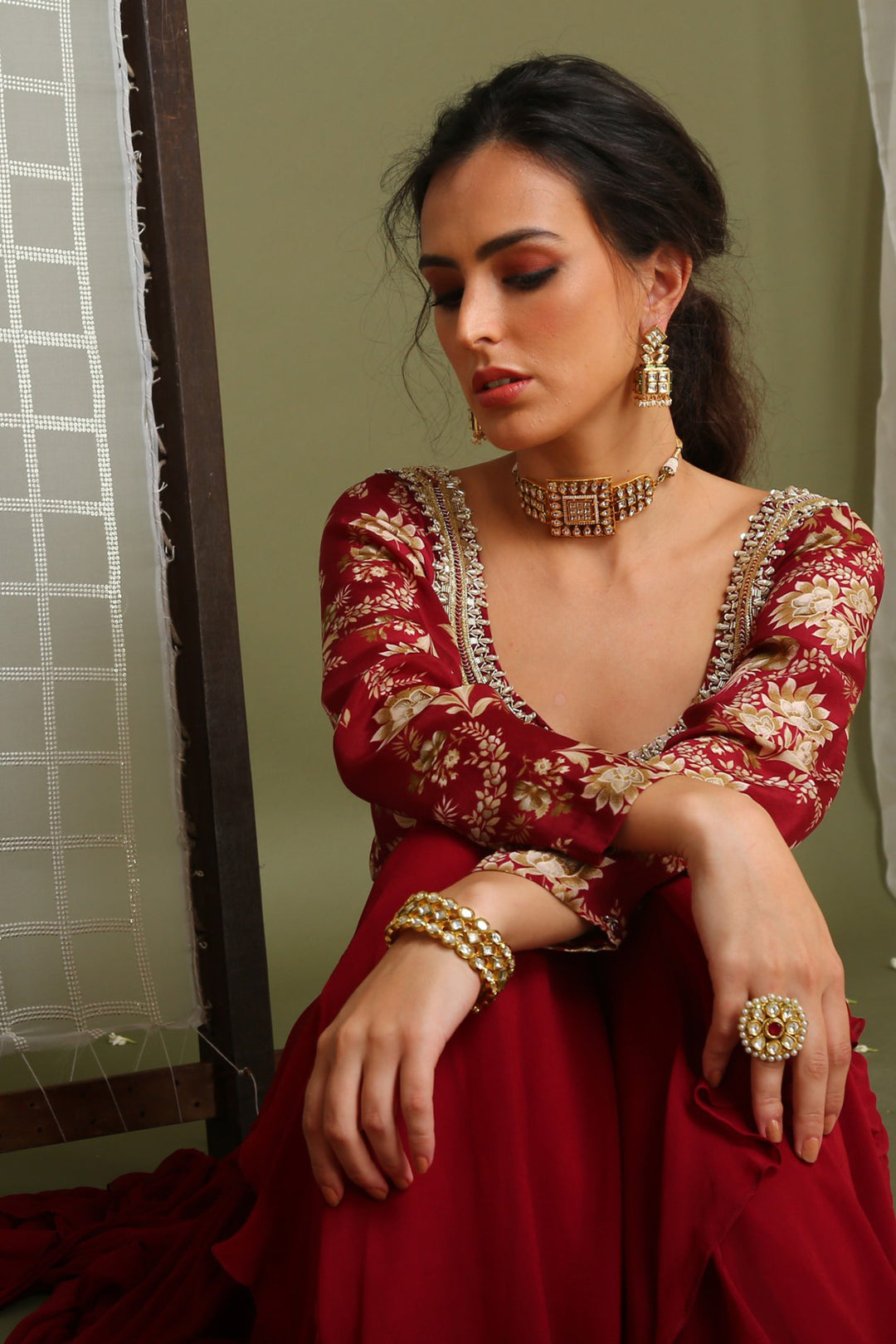 Maroon Printed Blouse And Lehenga Set