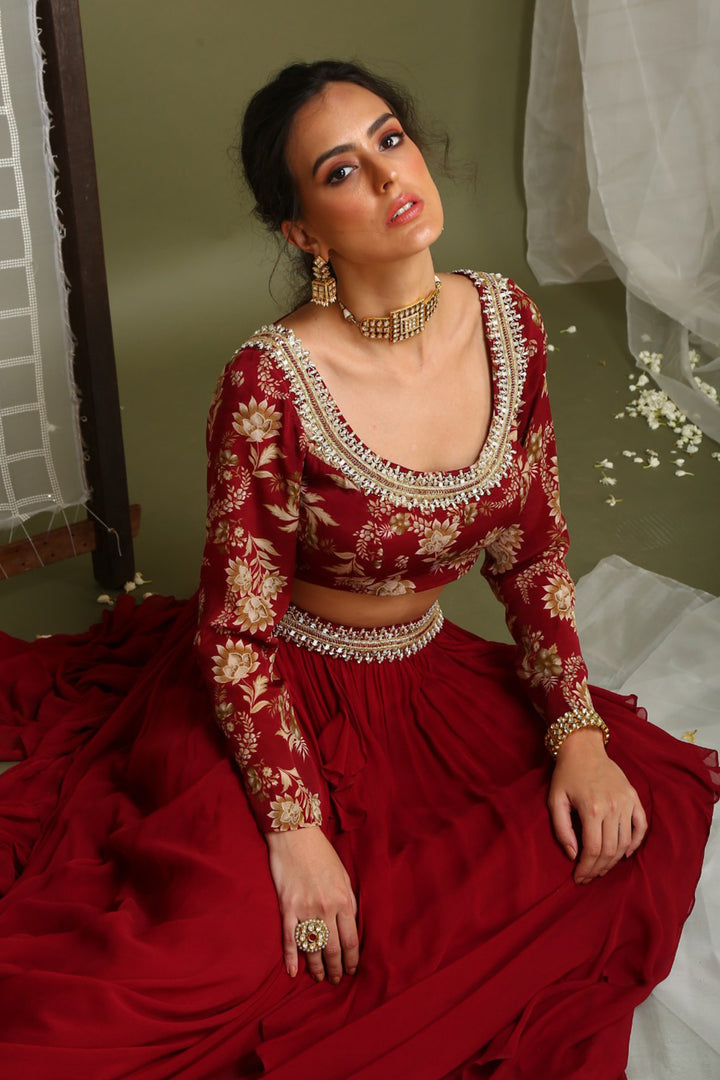 Maroon Printed Blouse And Lehenga Set