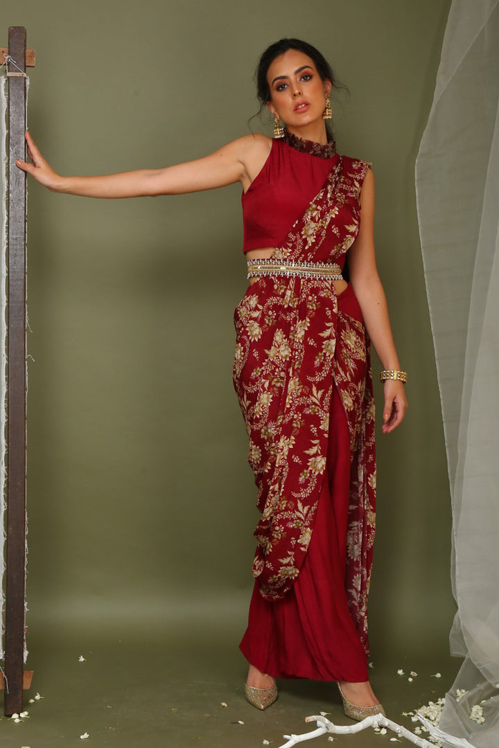 Maroon Pant Saree With Belt