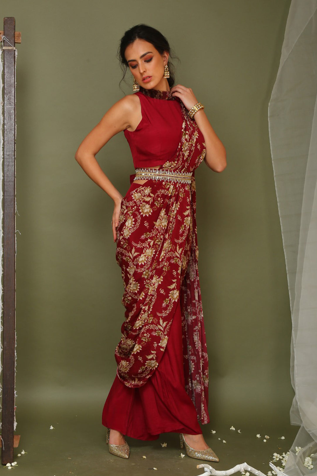 Maroon Pant Saree With Belt