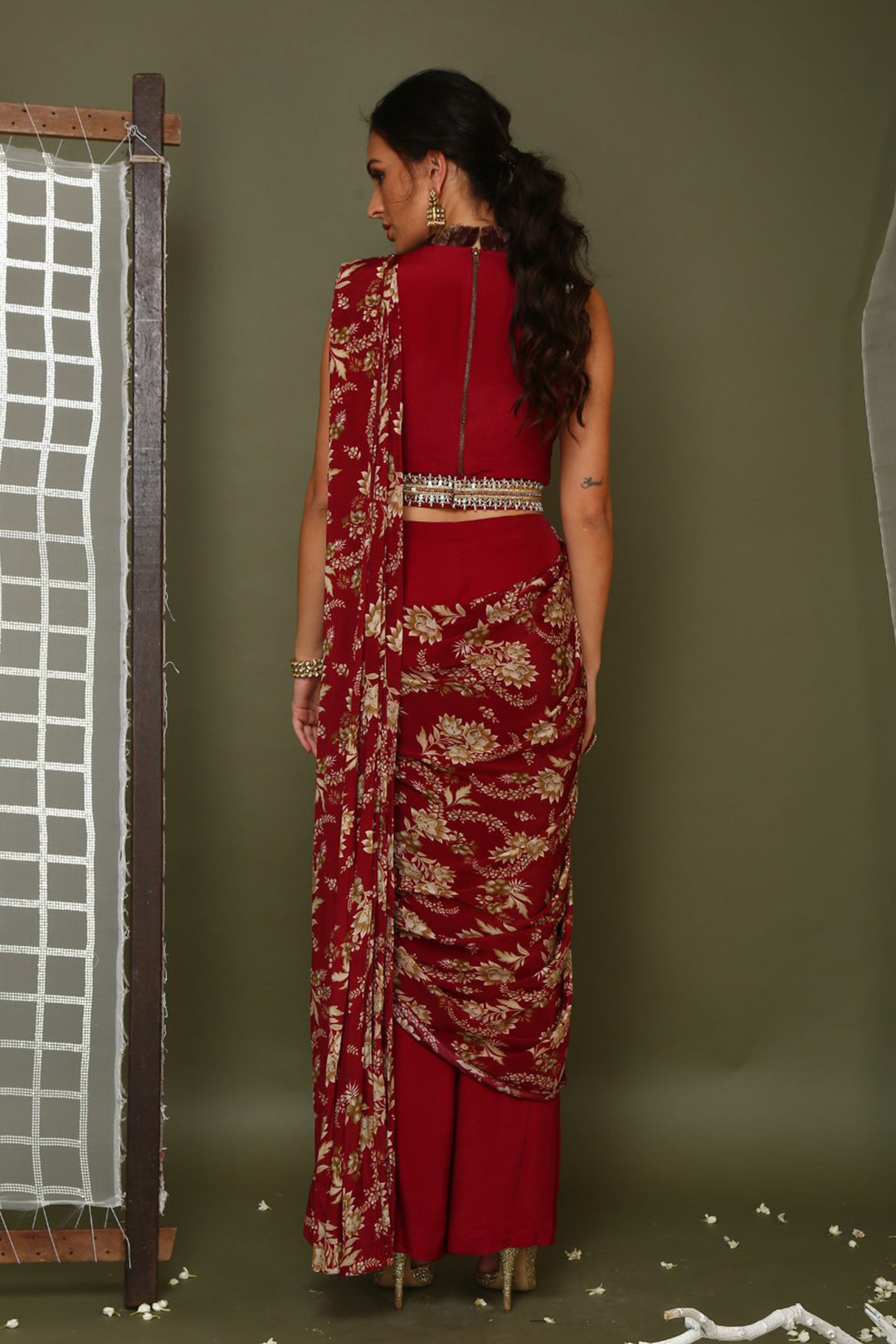 Maroon Pant Saree With Belt