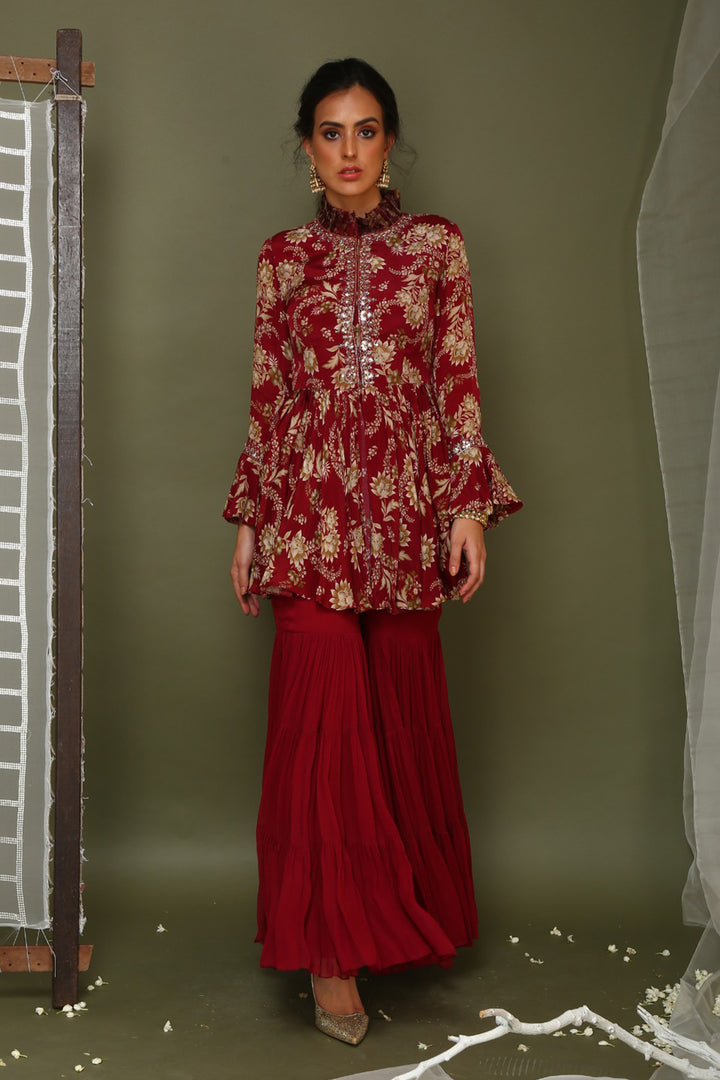 Maroon Printed Jacket With Sharara