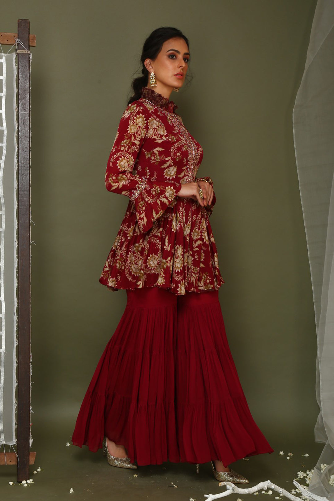 Maroon Printed Jacket With Sharara