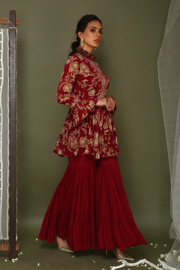 Maroon Printed Jacket With Sharara