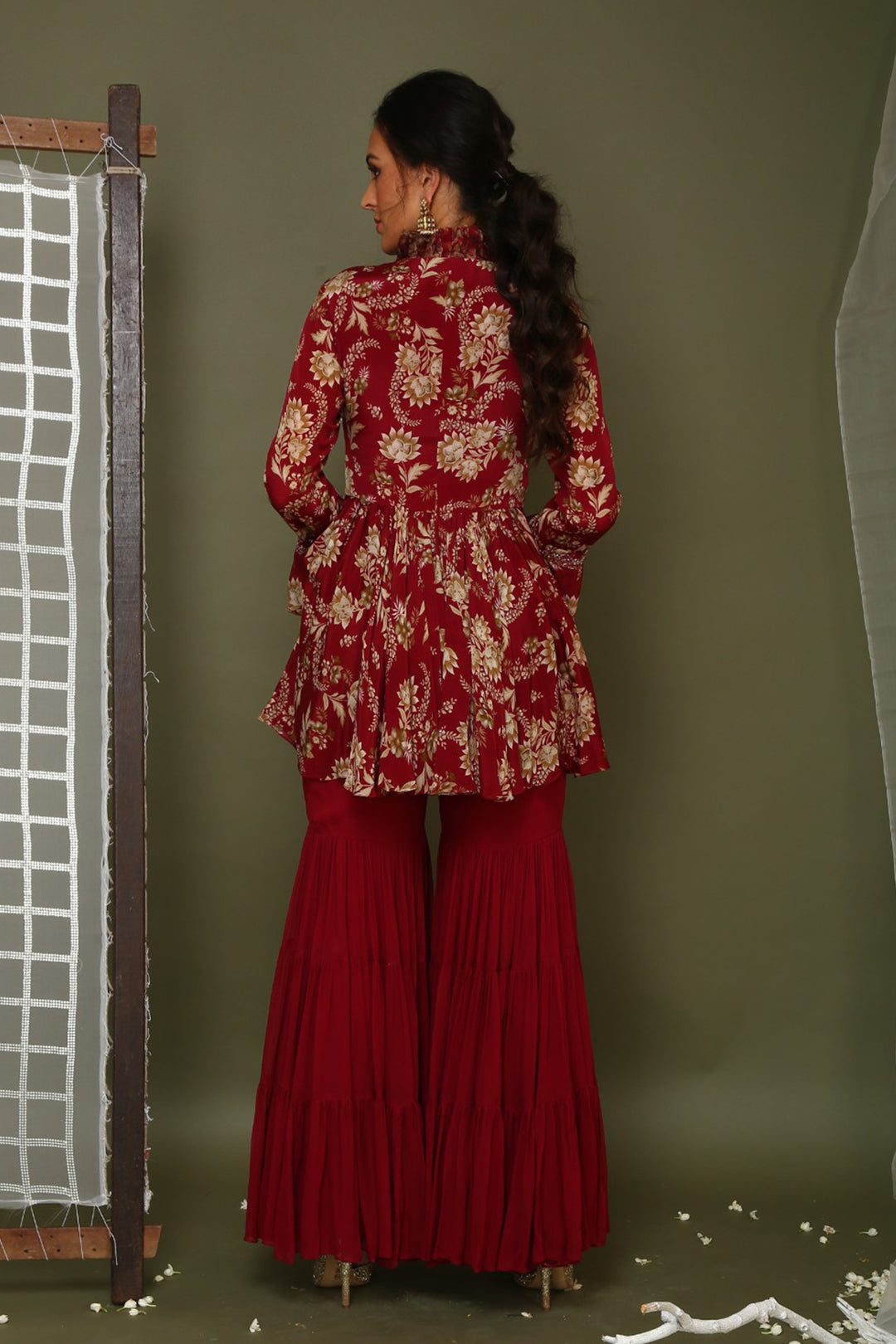 Maroon Printed Jacket With Sharara