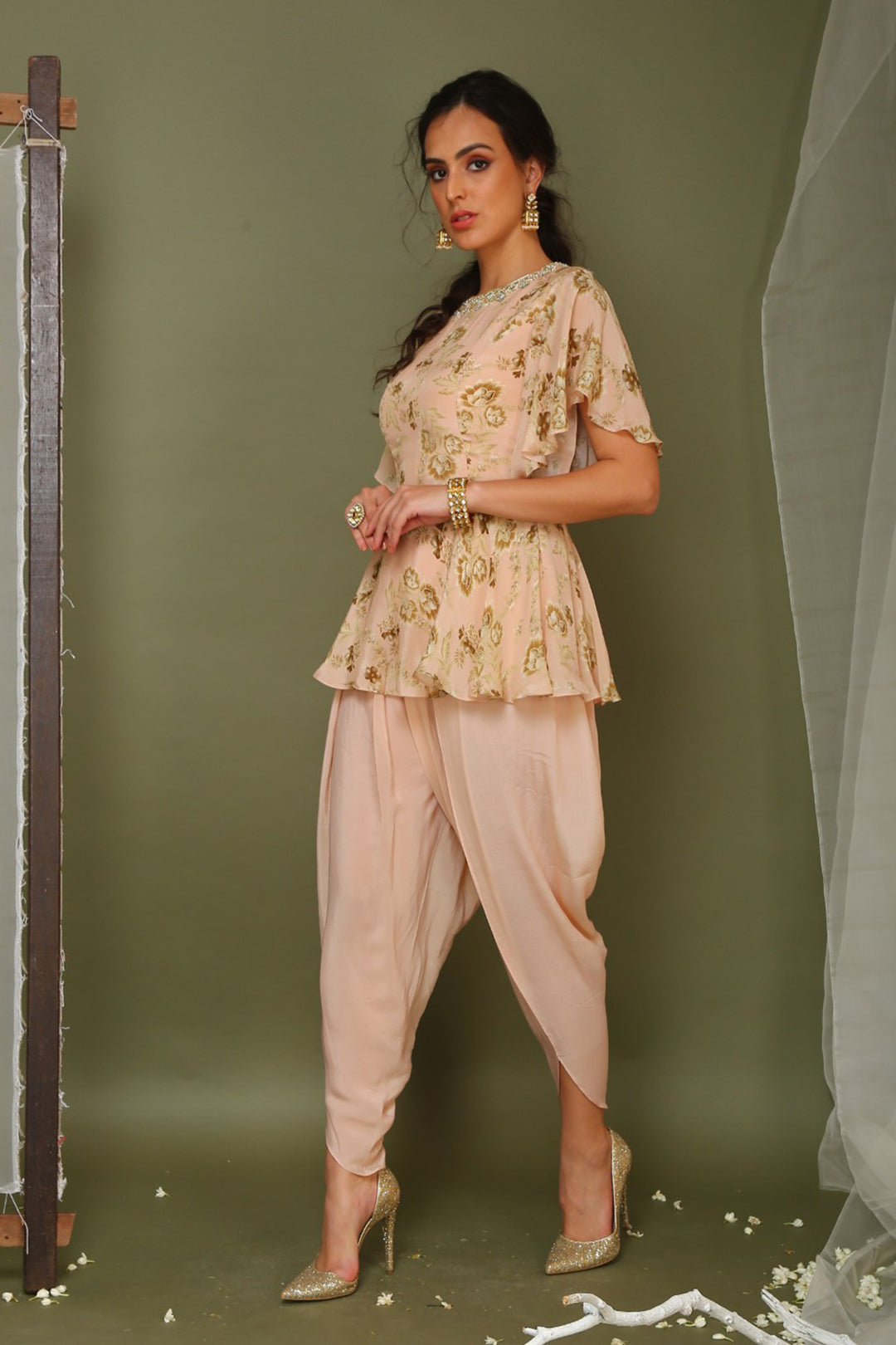 Beige Peplum Top With Dhoti Pants