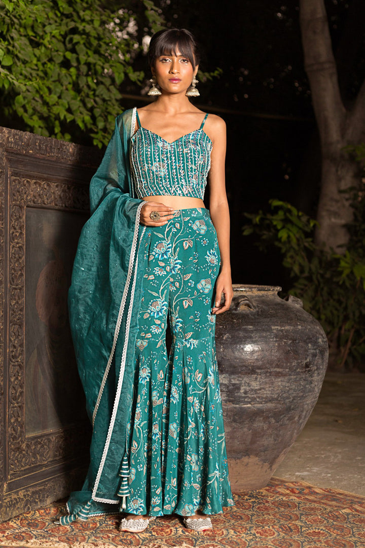 Teal Printed Sharara Set With Crop Blouse and Dupatta