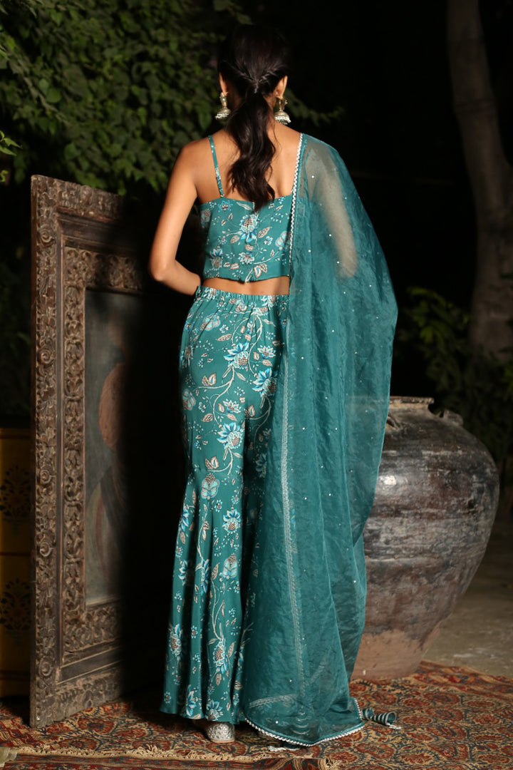 Teal Printed Sharara Set With Crop Blouse and Dupatta