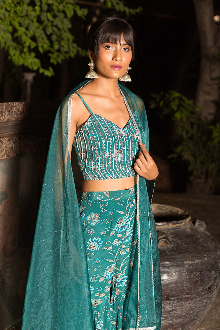 Teal Printed Sharara Set With Crop Blouse and Dupatta