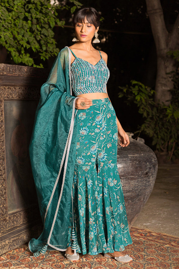 Teal Printed Sharara Set With Crop Blouse and Dupatta