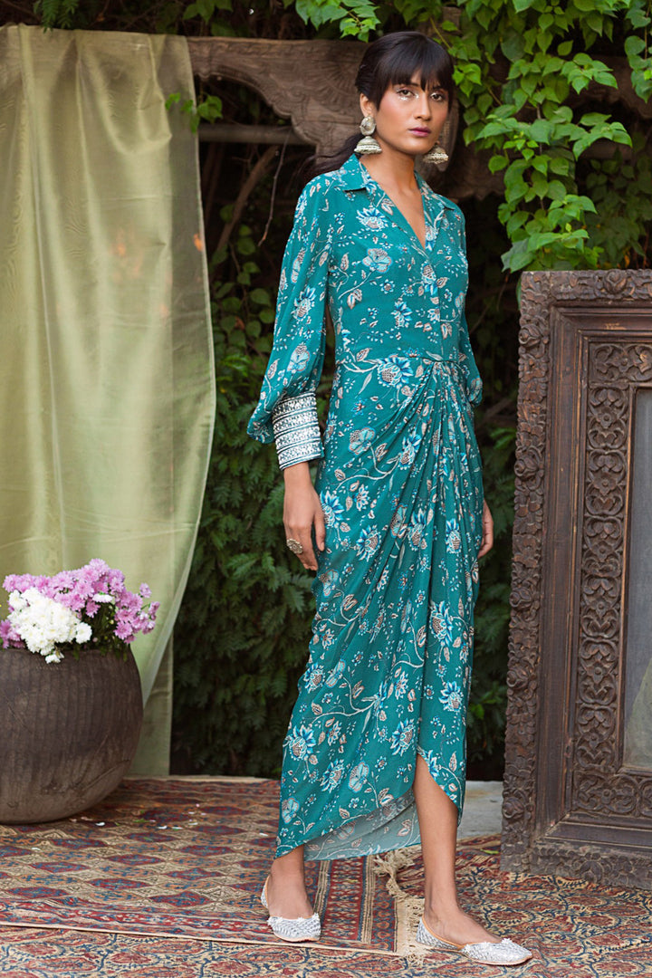 Teal Printed Draped Dress