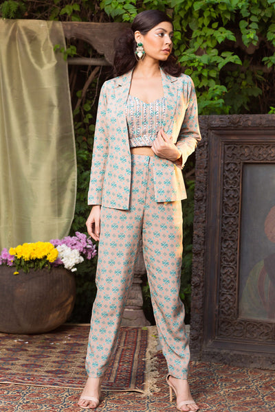 Grey and Teal Printed Pant Suit