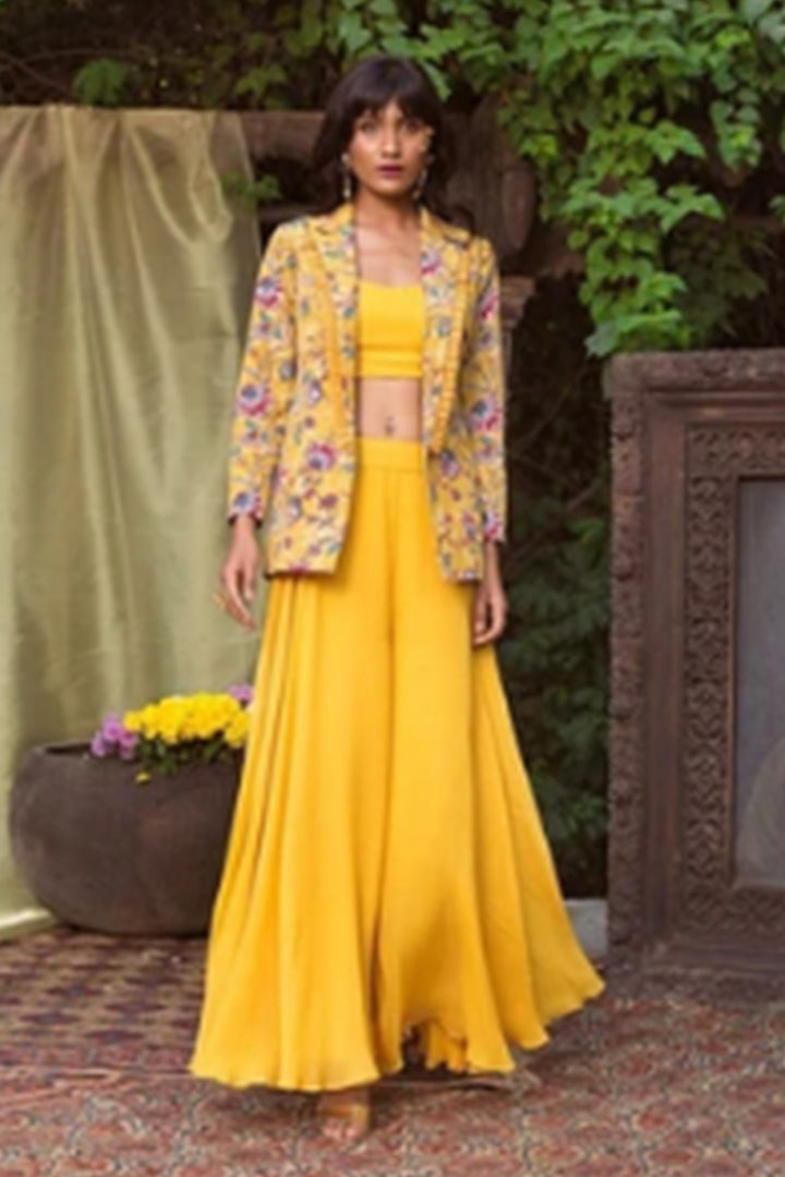 Yellow Printed Jacket With Palazzo