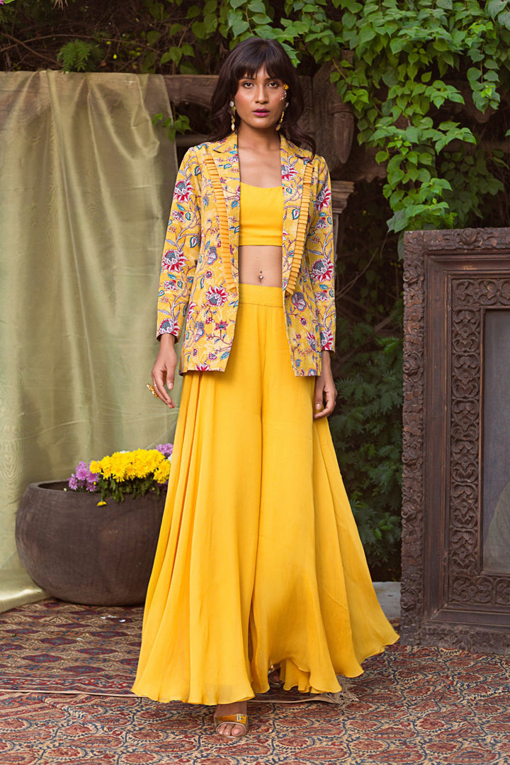 Yellow Printed Jacket With Palazzo