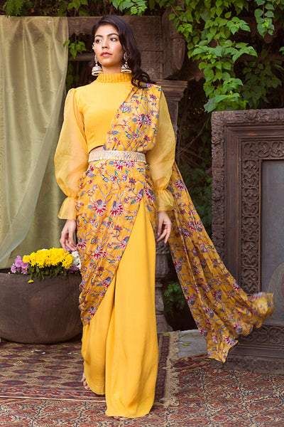 Yellow Organza Crop Top With Pant Saree and Embroidered Belt