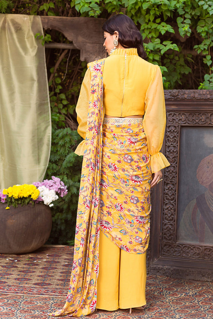 Yellow Organza Crop Top With Pant Saree and Embroidered Belt