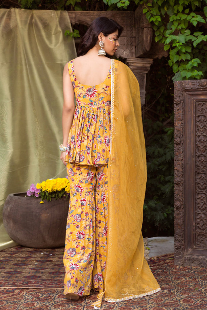 Yellow Printed Kurta and Sharara With Dupatta