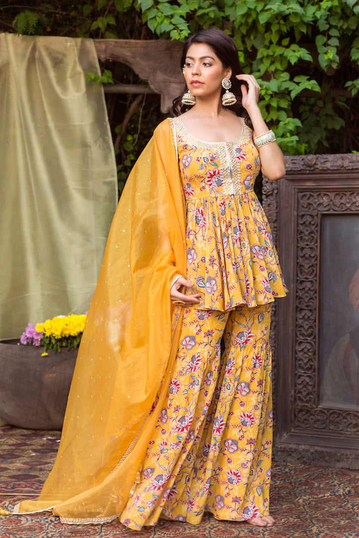 Yellow Printed Kurta and Sharara With Dupatta