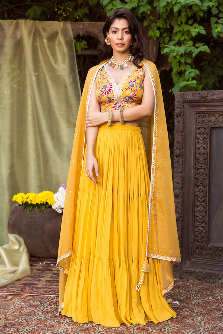 Yellow Printed Blouse and Lehenga Set