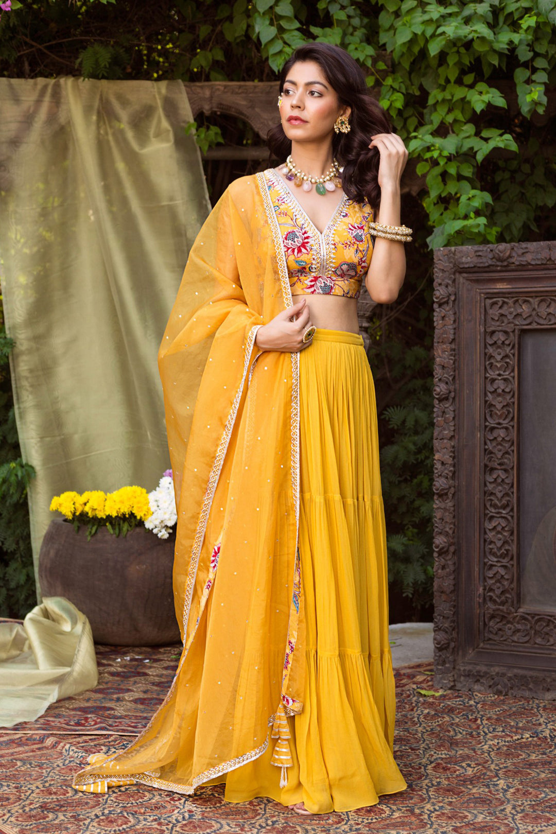 Yellow Printed Blouse and Lehenga Set