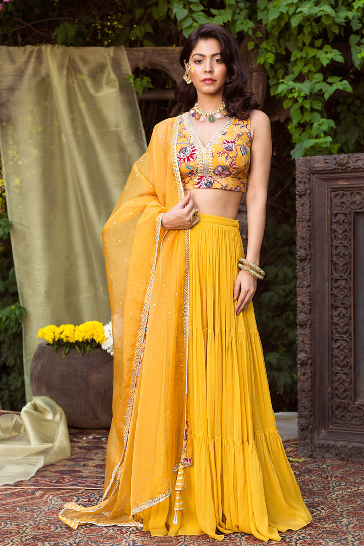 Yellow Printed Blouse and Lehenga Set