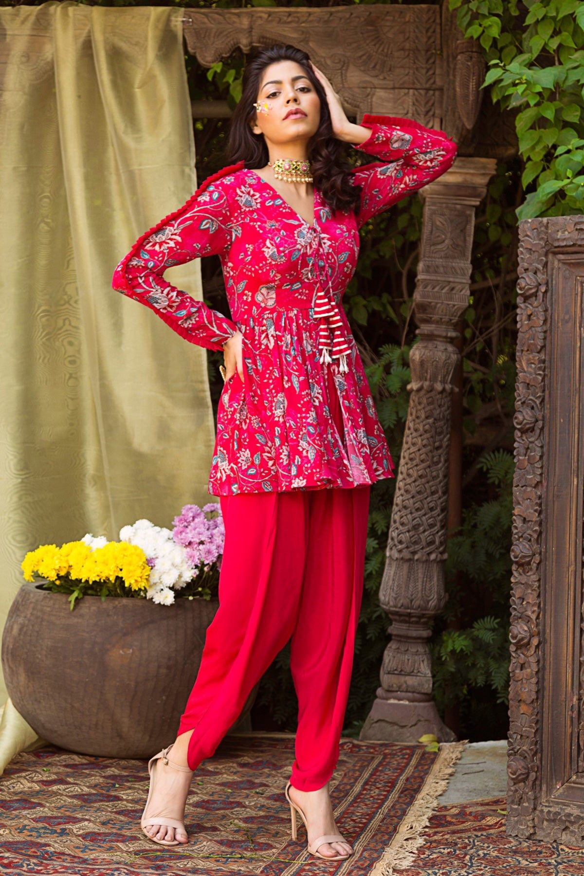Red Printed Tunic With Dhoti RTS