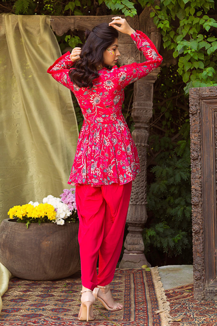 Red Printed Tunic With Dhoti