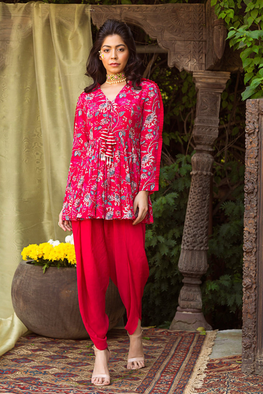 Red Printed Tunic With Dhoti