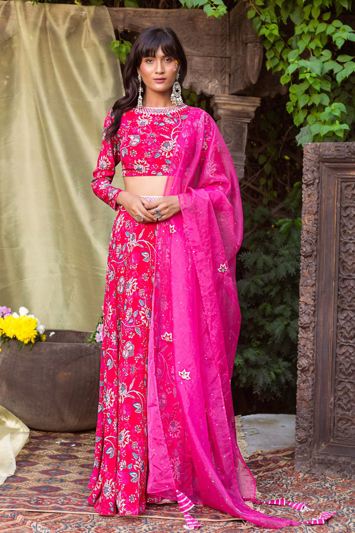 Red Printed Lehenga With Dupatta