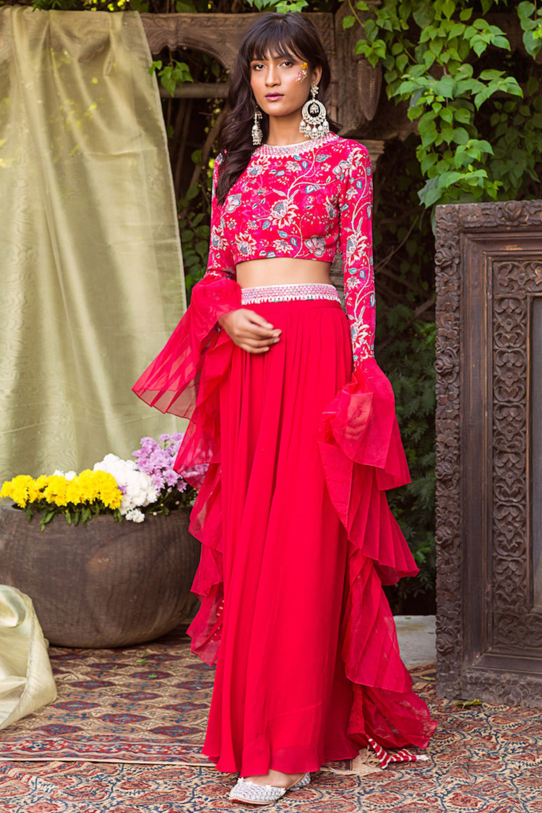 Red Printed Blouse With Palazzo and Pleated Dupatta