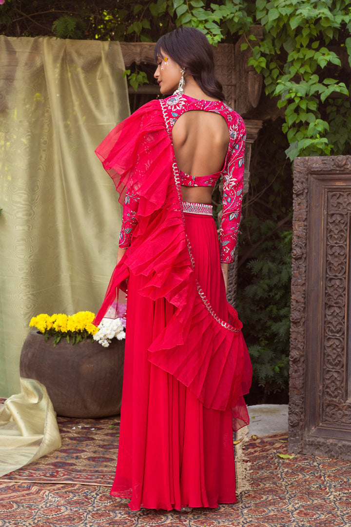 Red Printed Blouse With Palazzo and Pleated Dupatta