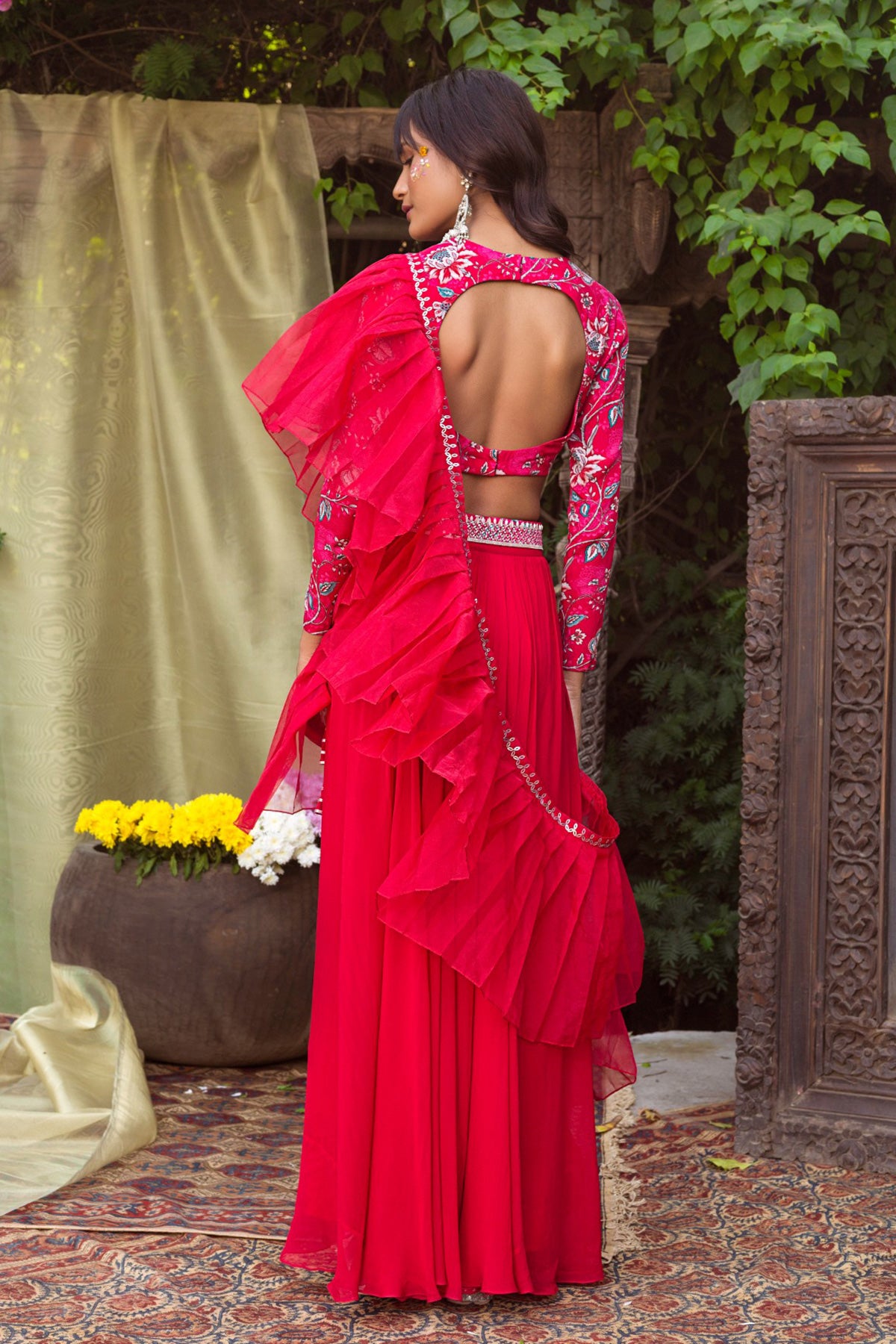 Red Printed Blouse With Palazzo and Pleated Dupatta