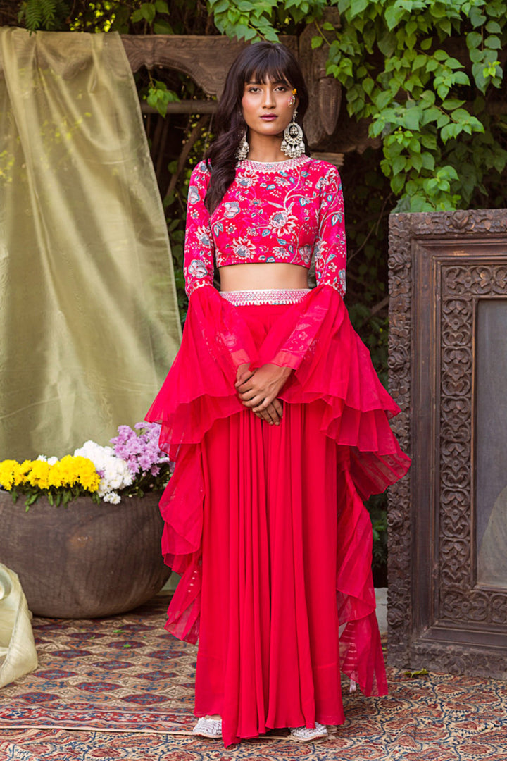 Red Printed Blouse With Palazzo and Pleated Dupatta