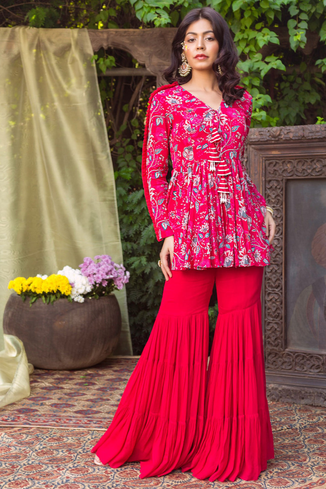 Red Printed Tunic With Sharara