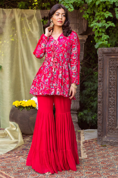 Red Printed Tunic With Sharara