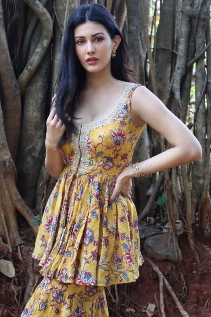 Actress Amyra Dastur In Our Yellow Printed Sharara Set