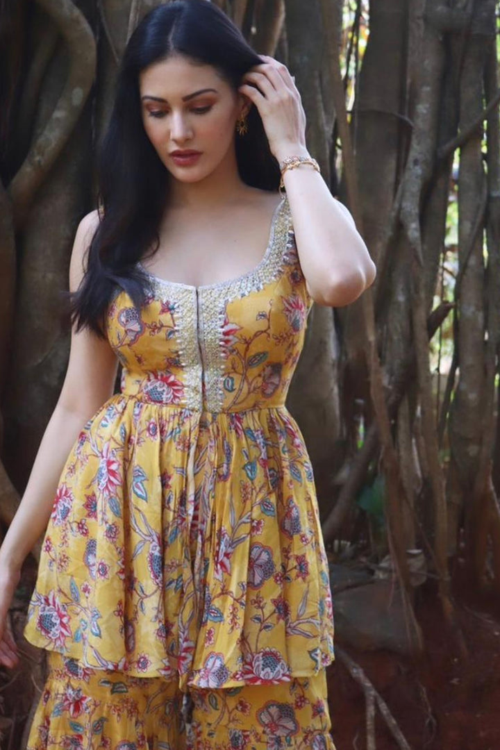 Actress Amyra Dastur In Our Yellow Printed Sharara Set