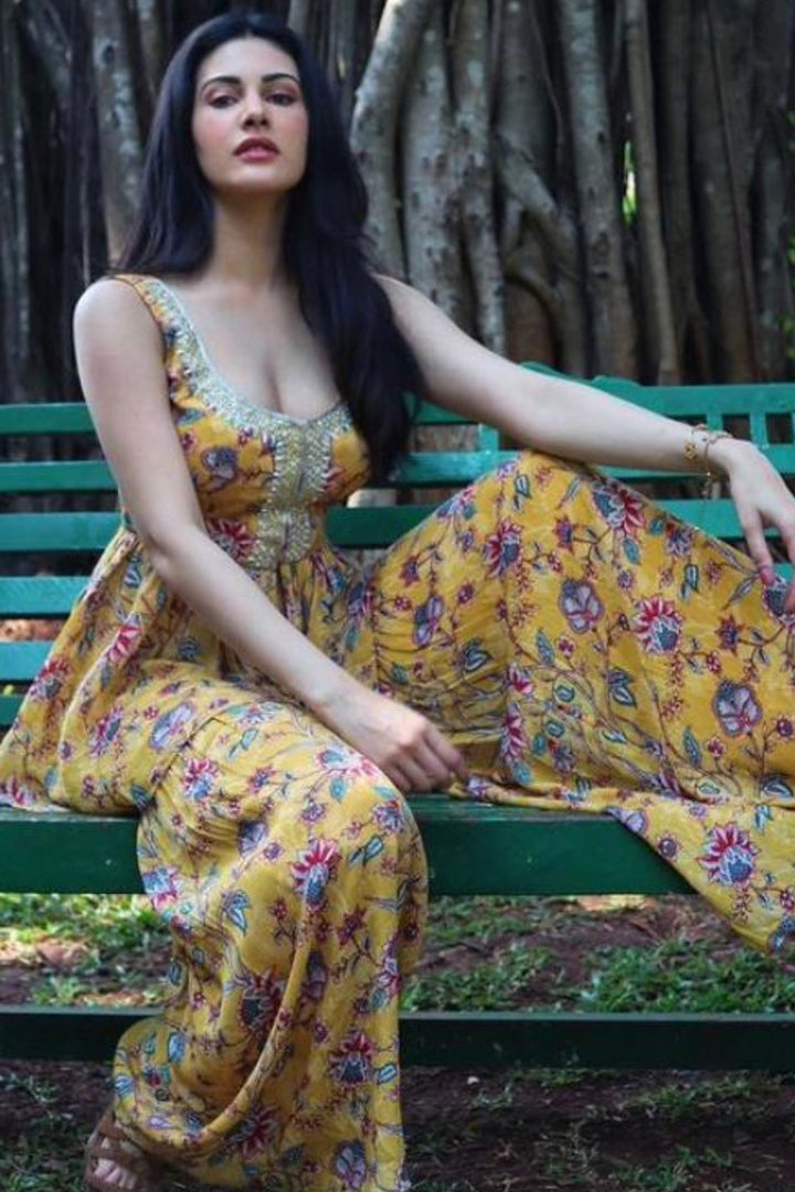 Actress Amyra Dastur In Our Yellow Printed Sharara Set