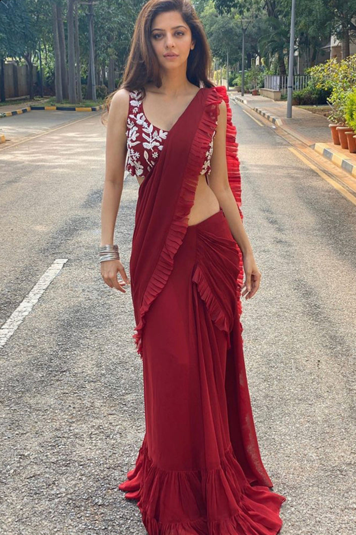 Actress Vedhika In Our Maroon Pre-draped Saree