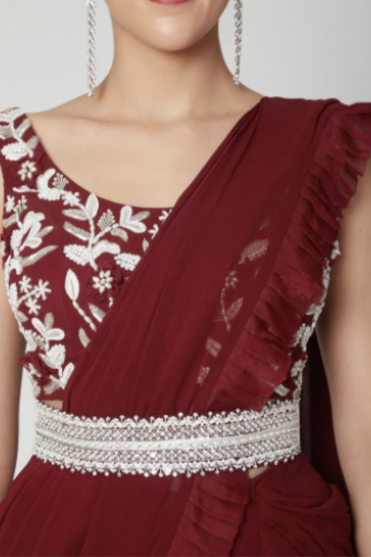 Actress Vedhika In Our Maroon Pre-draped Saree