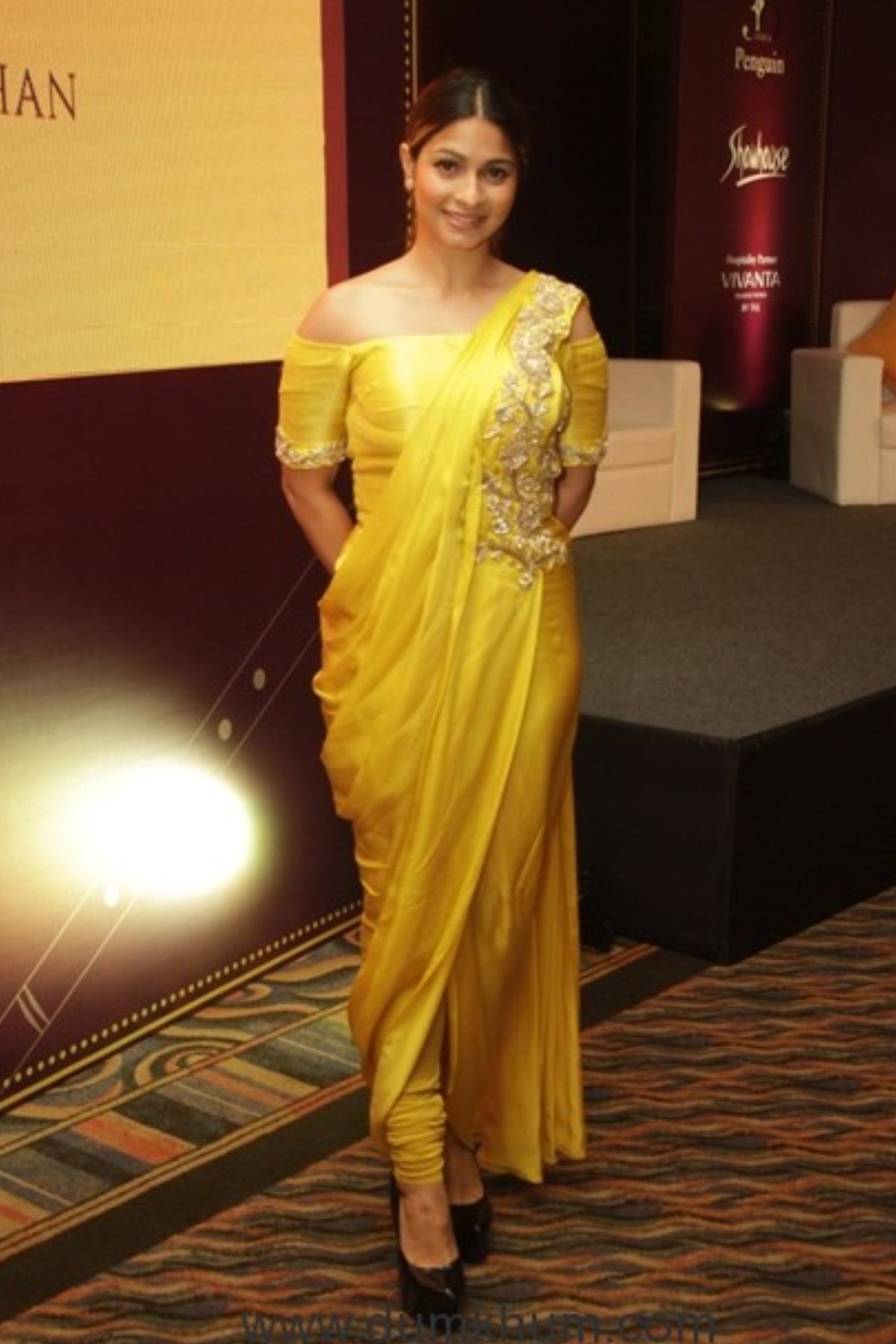 Actress Tanisha Mukherjee In Our Yellow Floral Embroidered Off Shoulder Drape Saree