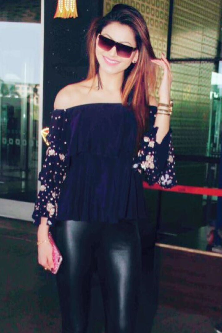 Actress Urvashi Rautela In Our Black Off Shoulder Top