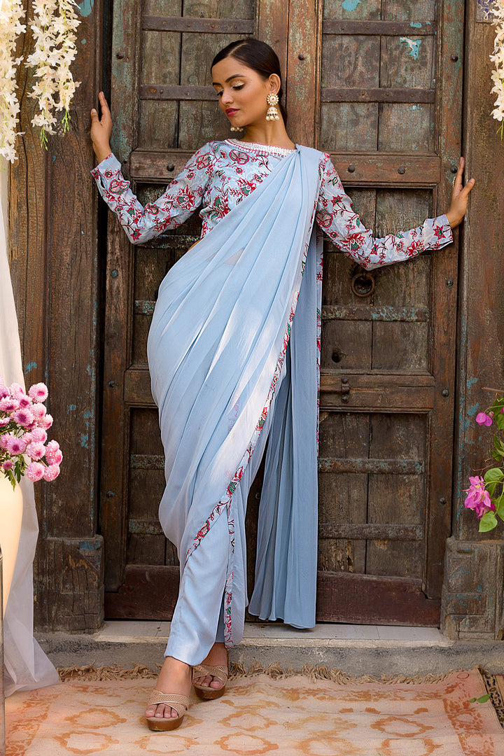 Powder Blue Blouse With Pant Saree